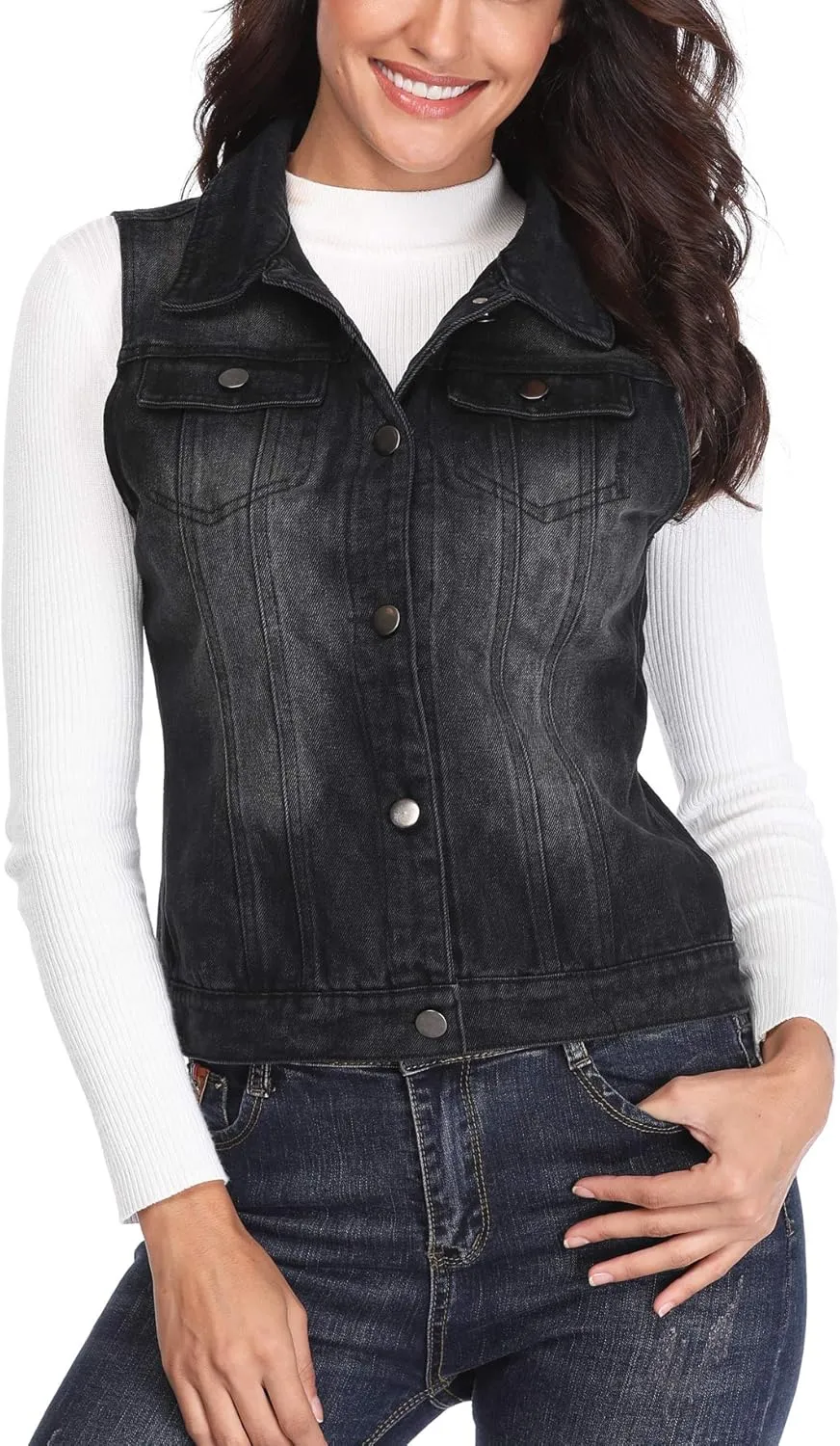 MISS MOLY Women's Denim Vest Cropped Classic Sleeveless Jean Vest Jackets With Flap Pockets
