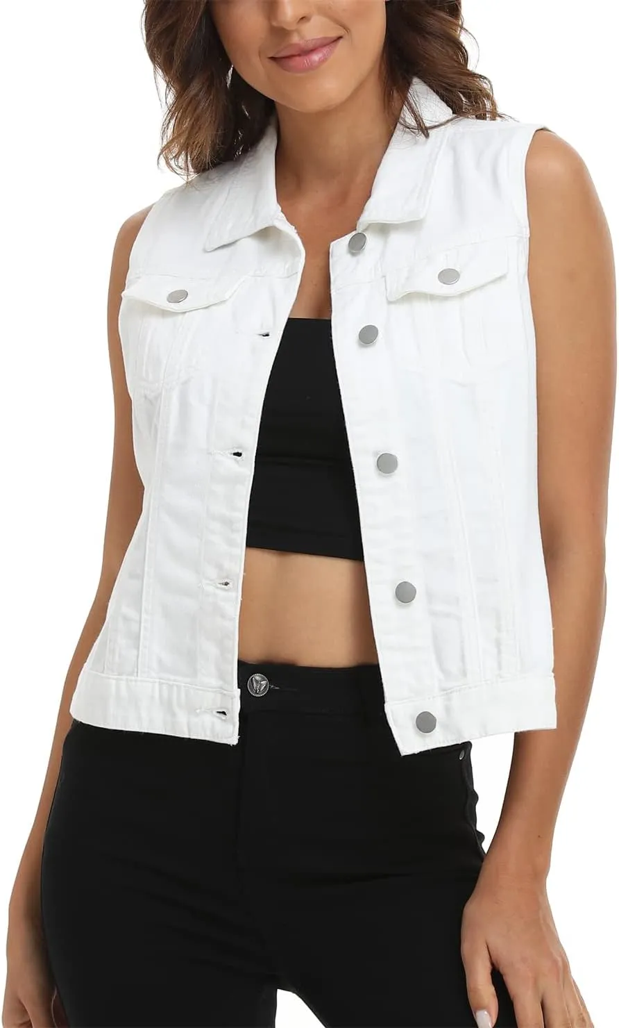 MISS MOLY Women's Denim Vest Cropped Classic Sleeveless Jean Vest Jackets With Flap Pockets