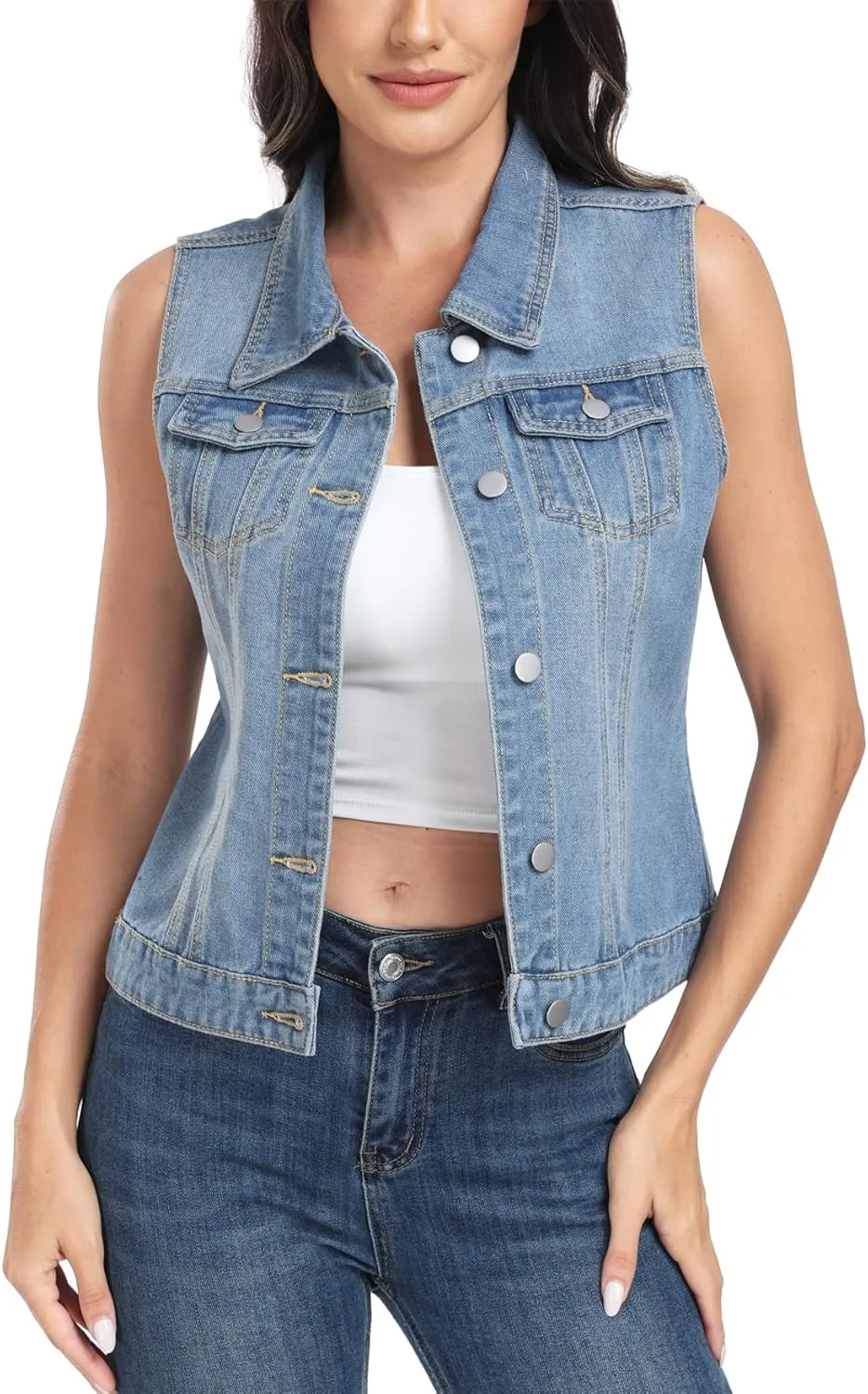 MISS MOLY Women's Denim Vest Cropped Classic Sleeveless Jean Vest Jackets With Flap Pockets
