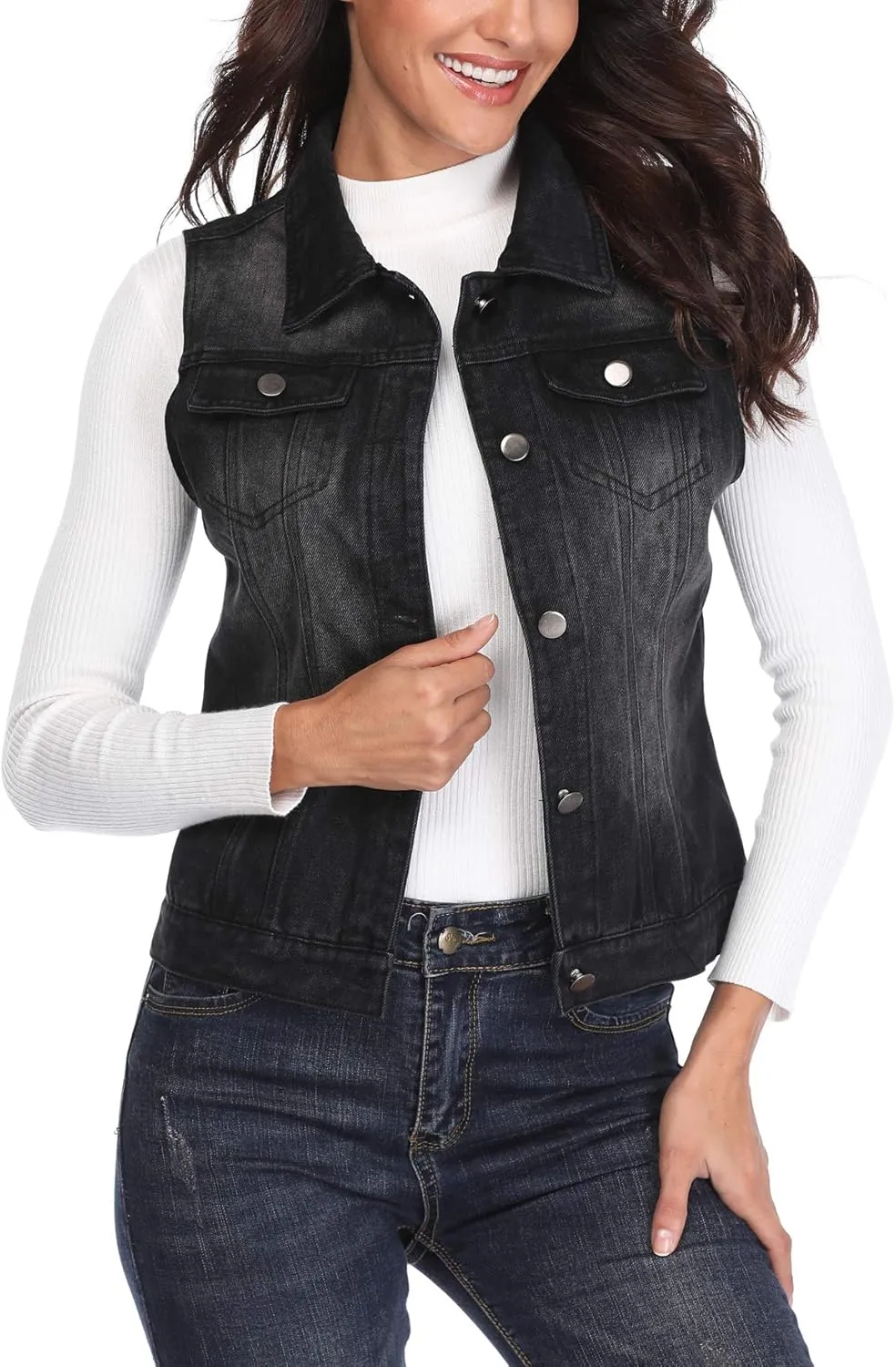 MISS MOLY Women's Denim Vest Cropped Classic Sleeveless Jean Vest Jackets With Flap Pockets