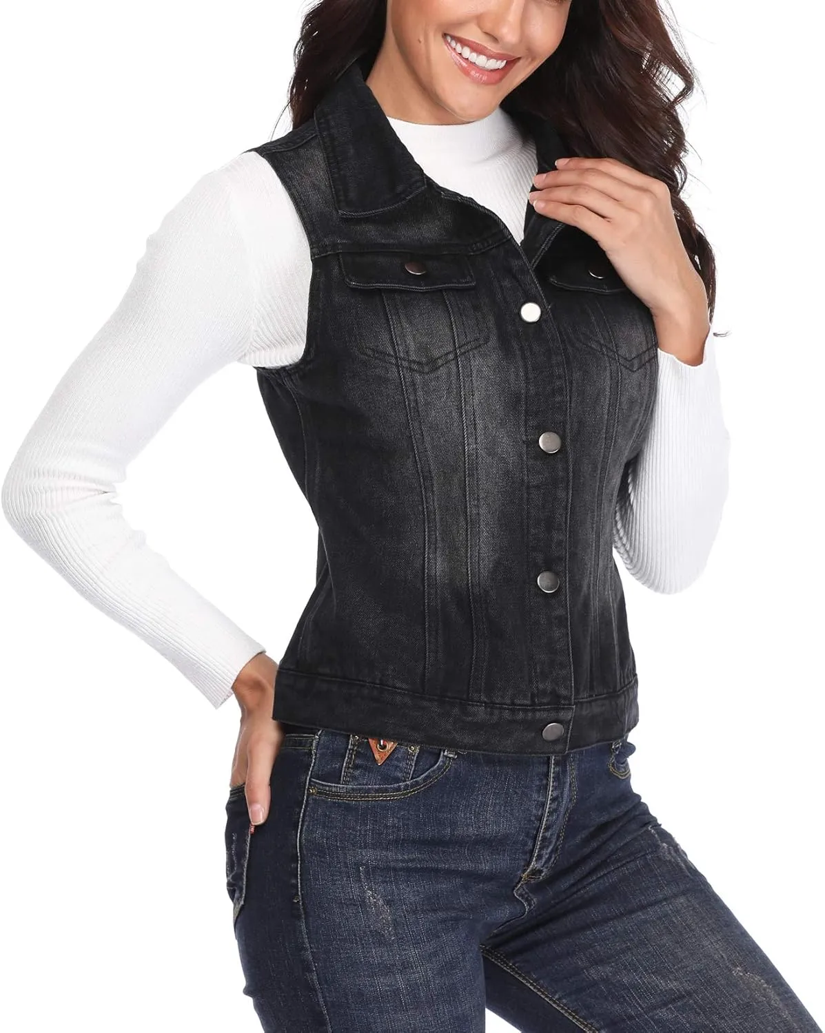 MISS MOLY Women's Denim Vest Cropped Classic Sleeveless Jean Vest Jackets With Flap Pockets