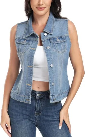 MISS MOLY Women's Denim Vest Cropped Classic Sleeveless Jean Vest Jackets With Flap Pockets