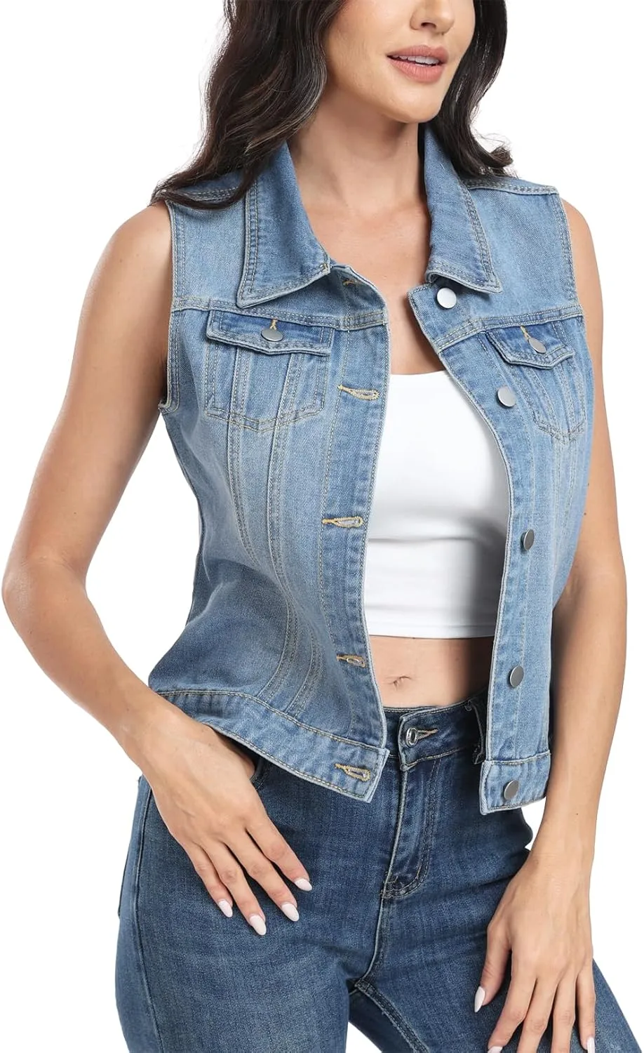 MISS MOLY Women's Denim Vest Cropped Classic Sleeveless Jean Vest Jackets With Flap Pockets