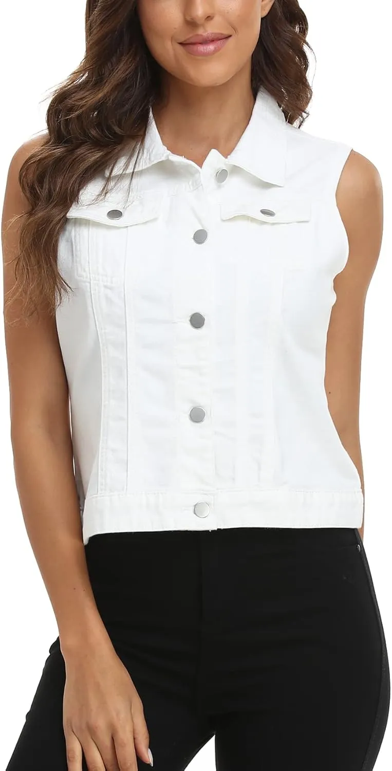 MISS MOLY Women's Denim Vest Cropped Classic Sleeveless Jean Vest Jackets With Flap Pockets
