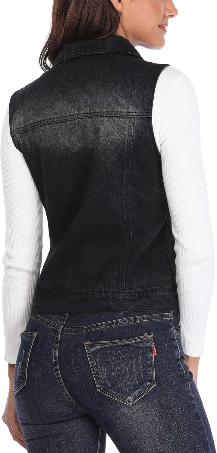 MISS MOLY Women's Denim Vest Cropped Classic Sleeveless Jean Vest Jackets With Flap Pockets