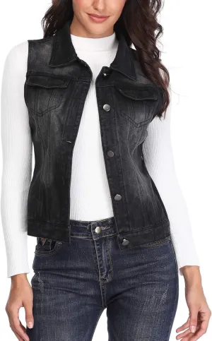 MISS MOLY Women's Denim Vest Cropped Classic Sleeveless Jean Vest Jackets With Flap Pockets