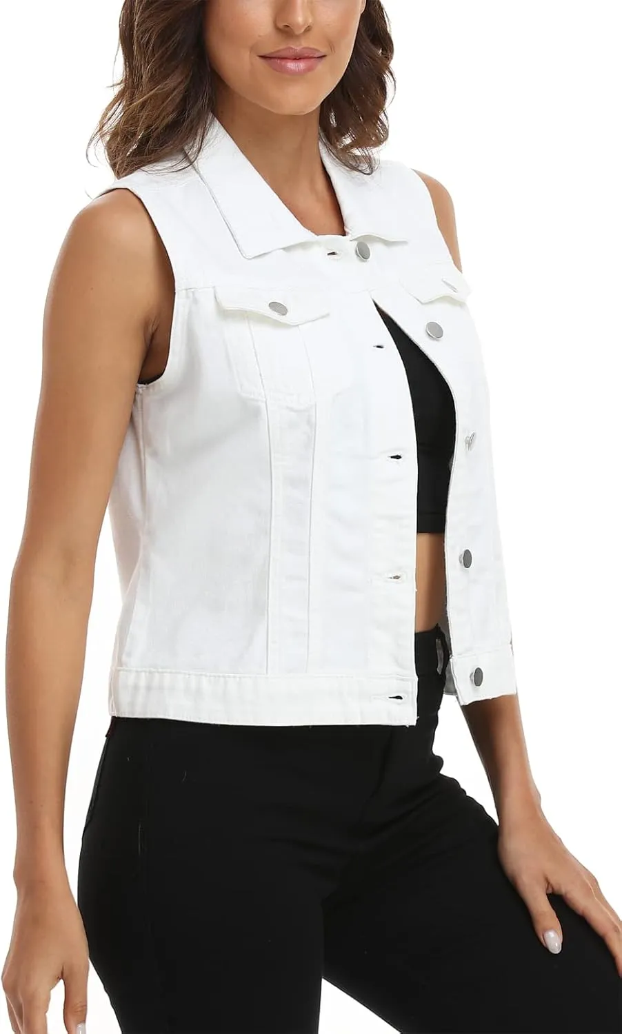 MISS MOLY Women's Denim Vest Cropped Classic Sleeveless Jean Vest Jackets With Flap Pockets