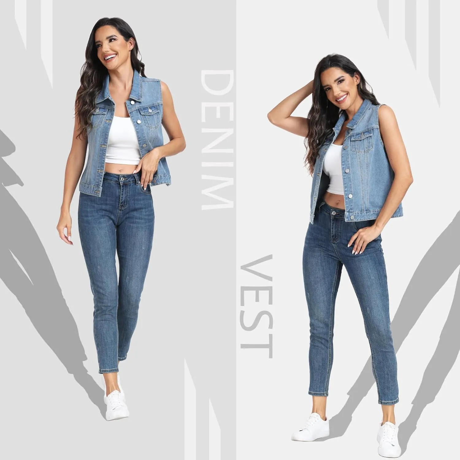 MISS MOLY Women's Denim Vest Cropped Classic Sleeveless Jean Vest Jackets With Flap Pockets