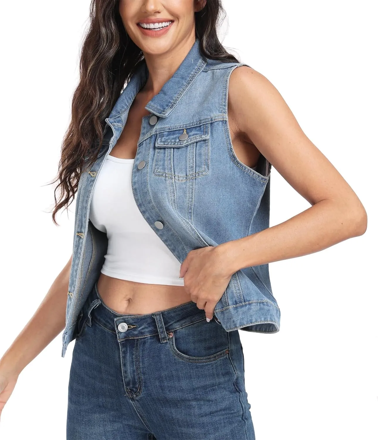 MISS MOLY Women's Denim Vest Cropped Classic Sleeveless Jean Vest Jackets With Flap Pockets