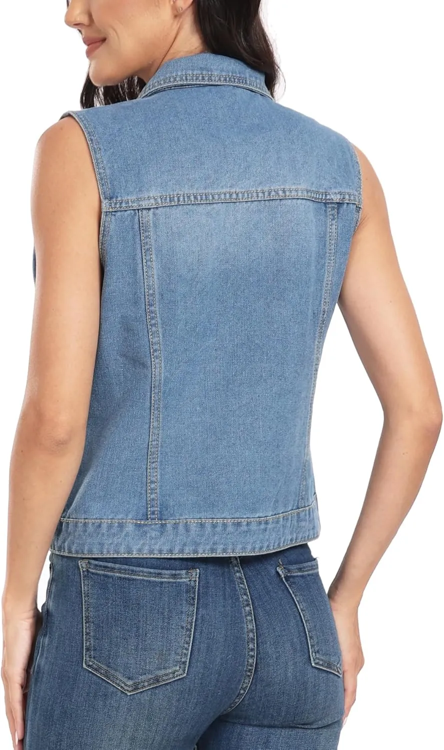 MISS MOLY Women's Denim Vest Cropped Classic Sleeveless Jean Vest Jackets With Flap Pockets