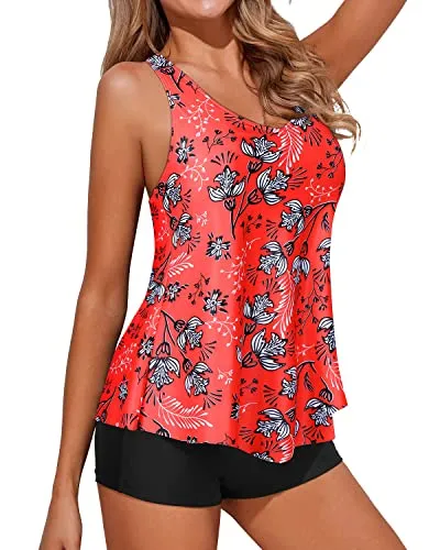 Modest Two Piece Swimsuit With Shorts 2 Piece Swimsuit For Women-Red Floral