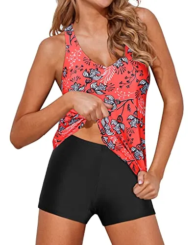 Modest Two Piece Swimsuit With Shorts 2 Piece Swimsuit For Women-Red Floral