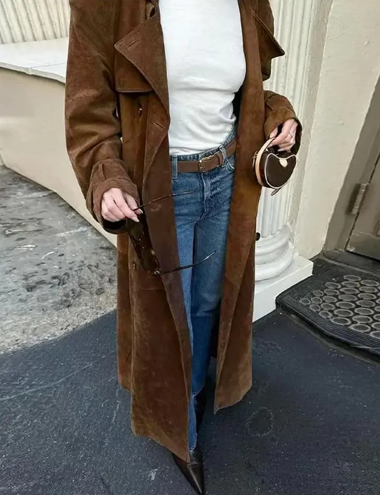Mywinway Suede Trench Coat Women 2025 Fall Winter Y2k Long Pea Coat Faux Leather Double Breasted Jackets Coats with Belt