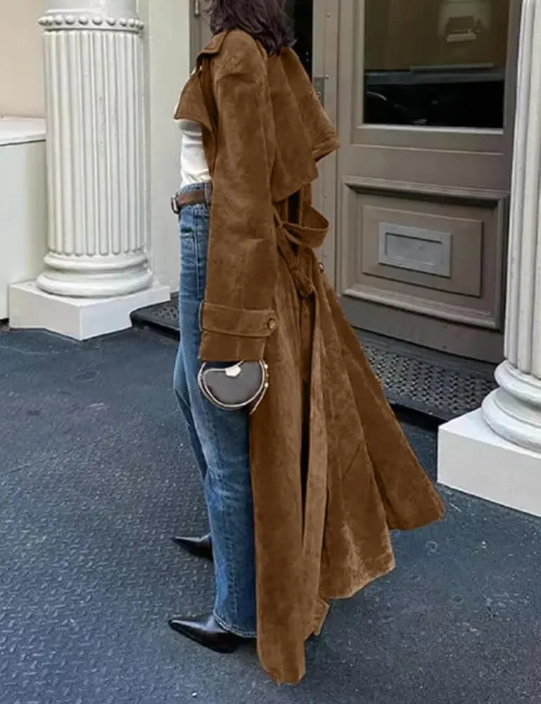 Mywinway Suede Trench Coat Women 2025 Fall Winter Y2k Long Pea Coat Faux Leather Double Breasted Jackets Coats with Belt