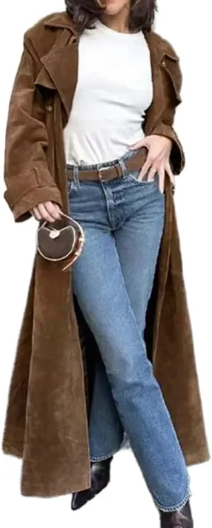 Mywinway Suede Trench Coat Women 2025 Fall Winter Y2k Long Pea Coat Faux Leather Double Breasted Jackets Coats with Belt