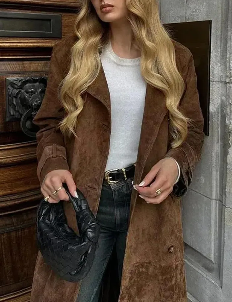 Mywinway Suede Trench Coat Women 2025 Fall Winter Y2k Long Pea Coat Faux Leather Double Breasted Jackets Coats with Belt