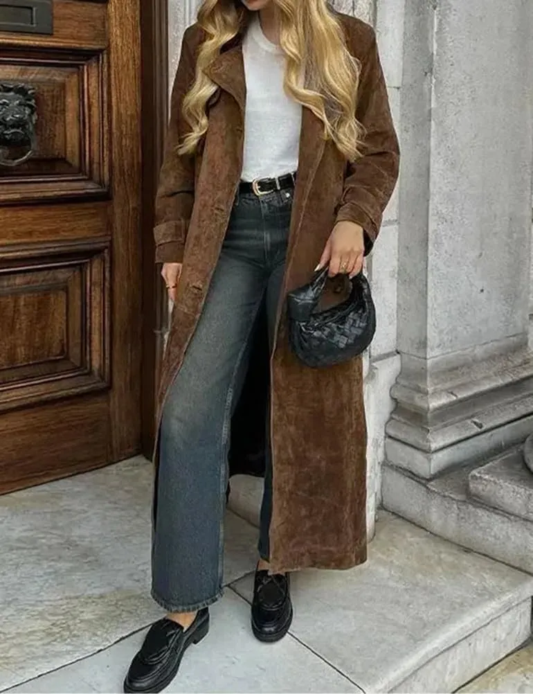 Mywinway Suede Trench Coat Women 2025 Fall Winter Y2k Long Pea Coat Faux Leather Double Breasted Jackets Coats with Belt