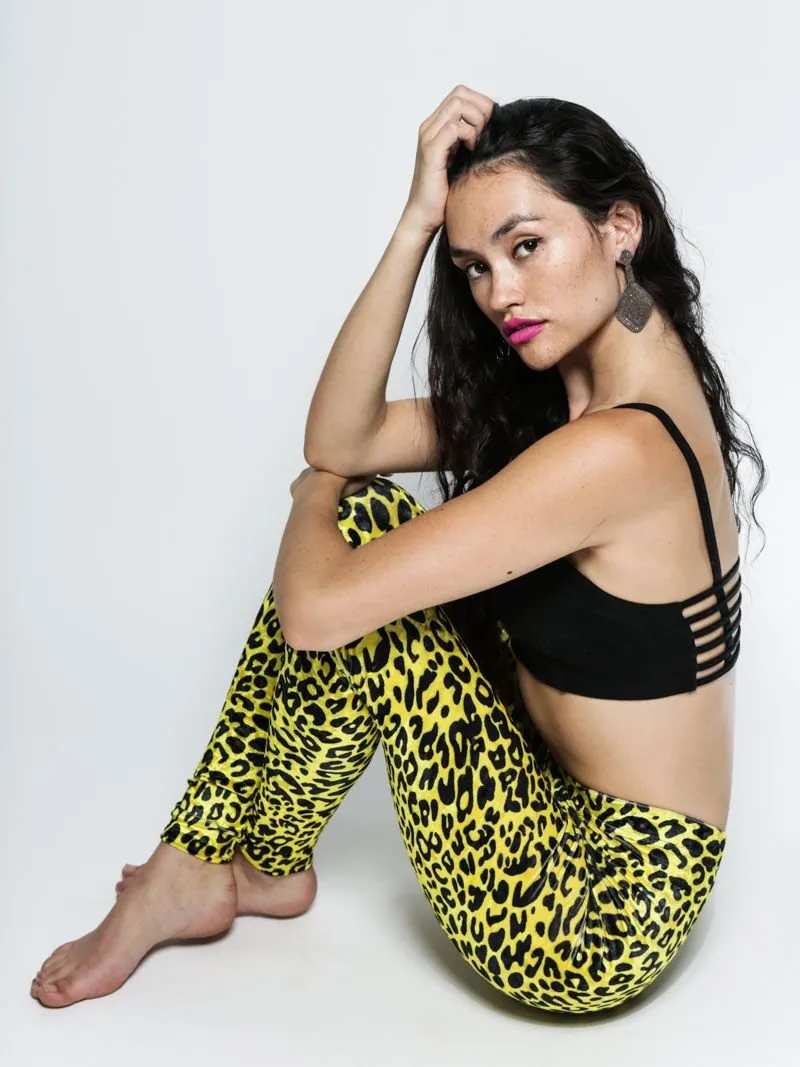 Neon Yellow Cheetah Velvet Leggings | Women's