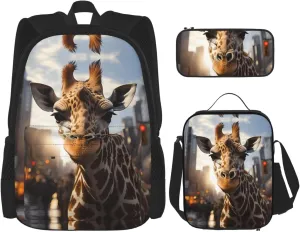 New York Giraffe Street Backpack set (3-piece set) - student school bag   pencil case   lunch bag, large capacity backpack