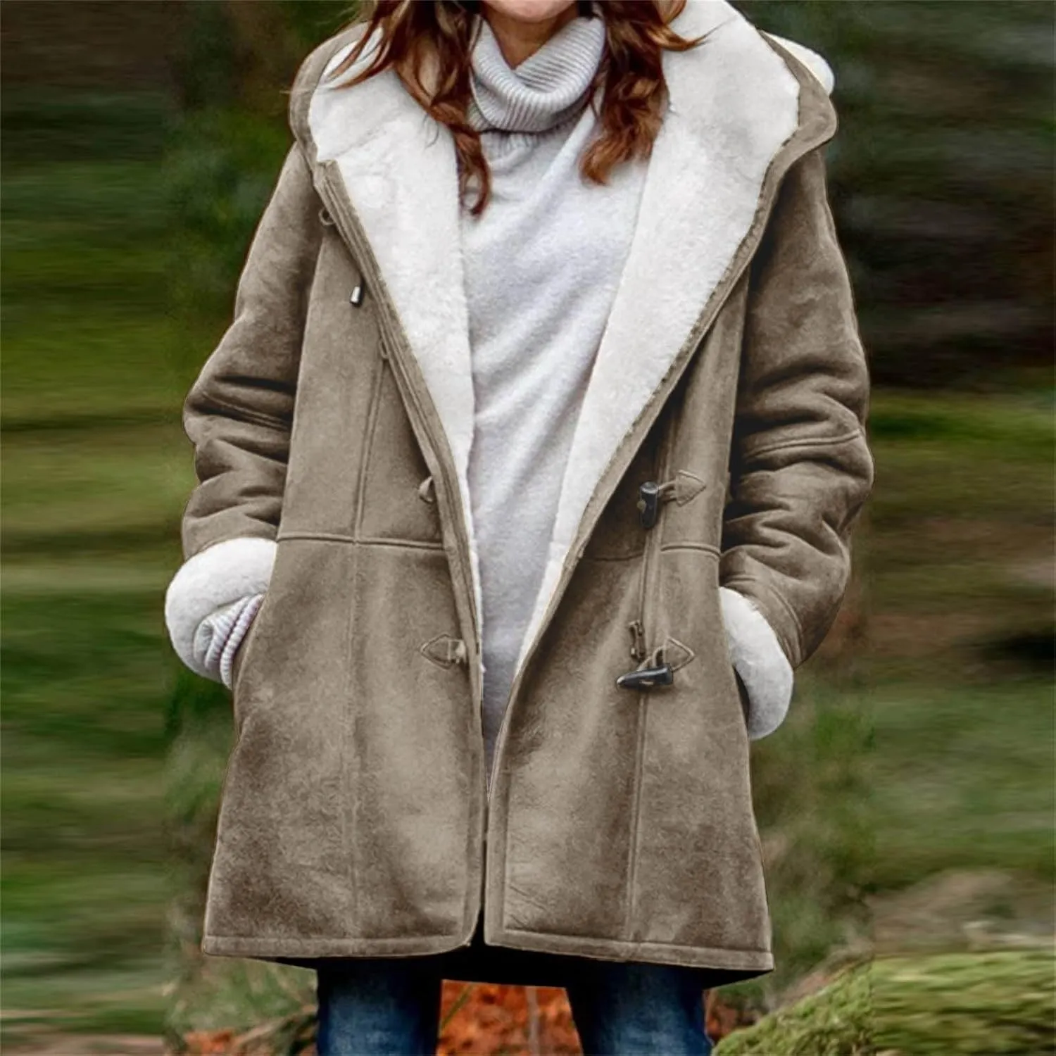 oiangi Winter Coats for Women Plus Size Warm Sherpa Fleece Lined Distressed Jackets Hooded Parka Suede Pea Coat Outerwear