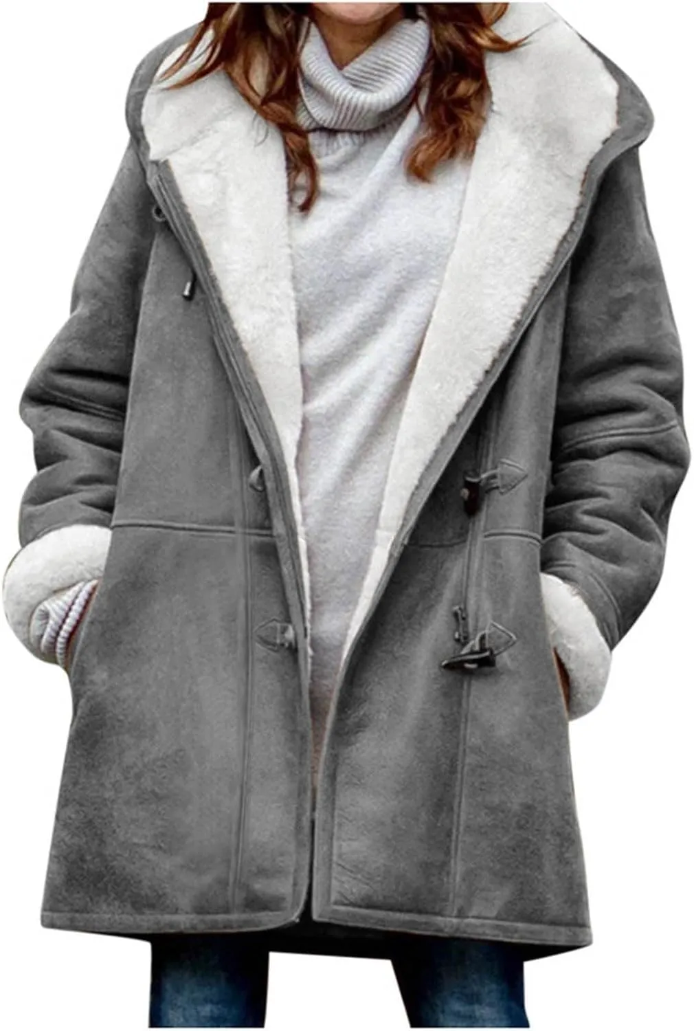 oiangi Winter Coats for Women Plus Size Warm Sherpa Fleece Lined Distressed Jackets Hooded Parka Suede Pea Coat Outerwear
