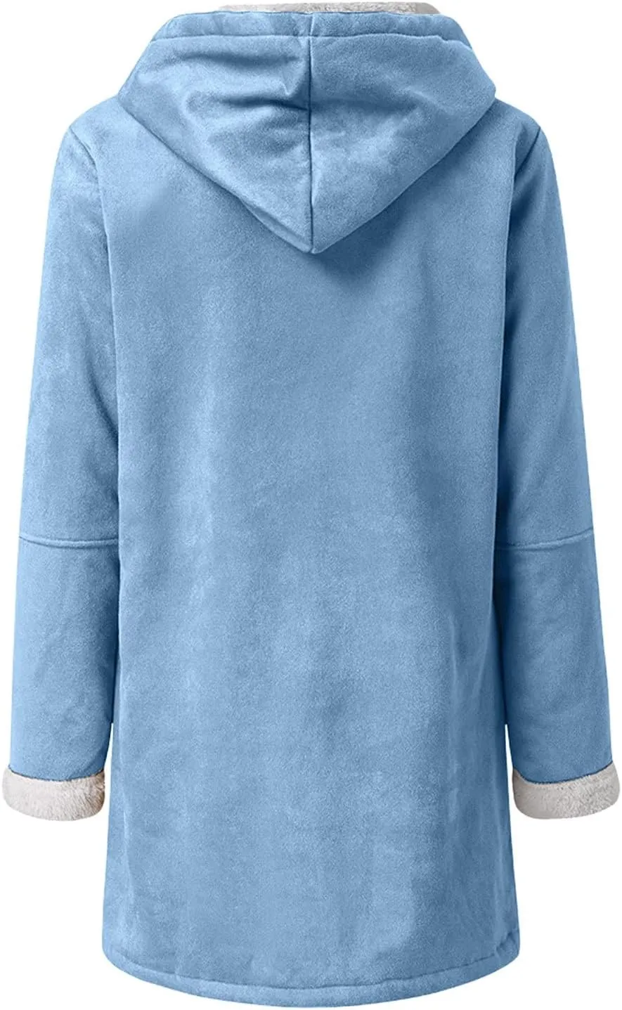 oiangi Winter Coats for Women Plus Size Warm Sherpa Fleece Lined Distressed Jackets Hooded Parka Suede Pea Coat Outerwear