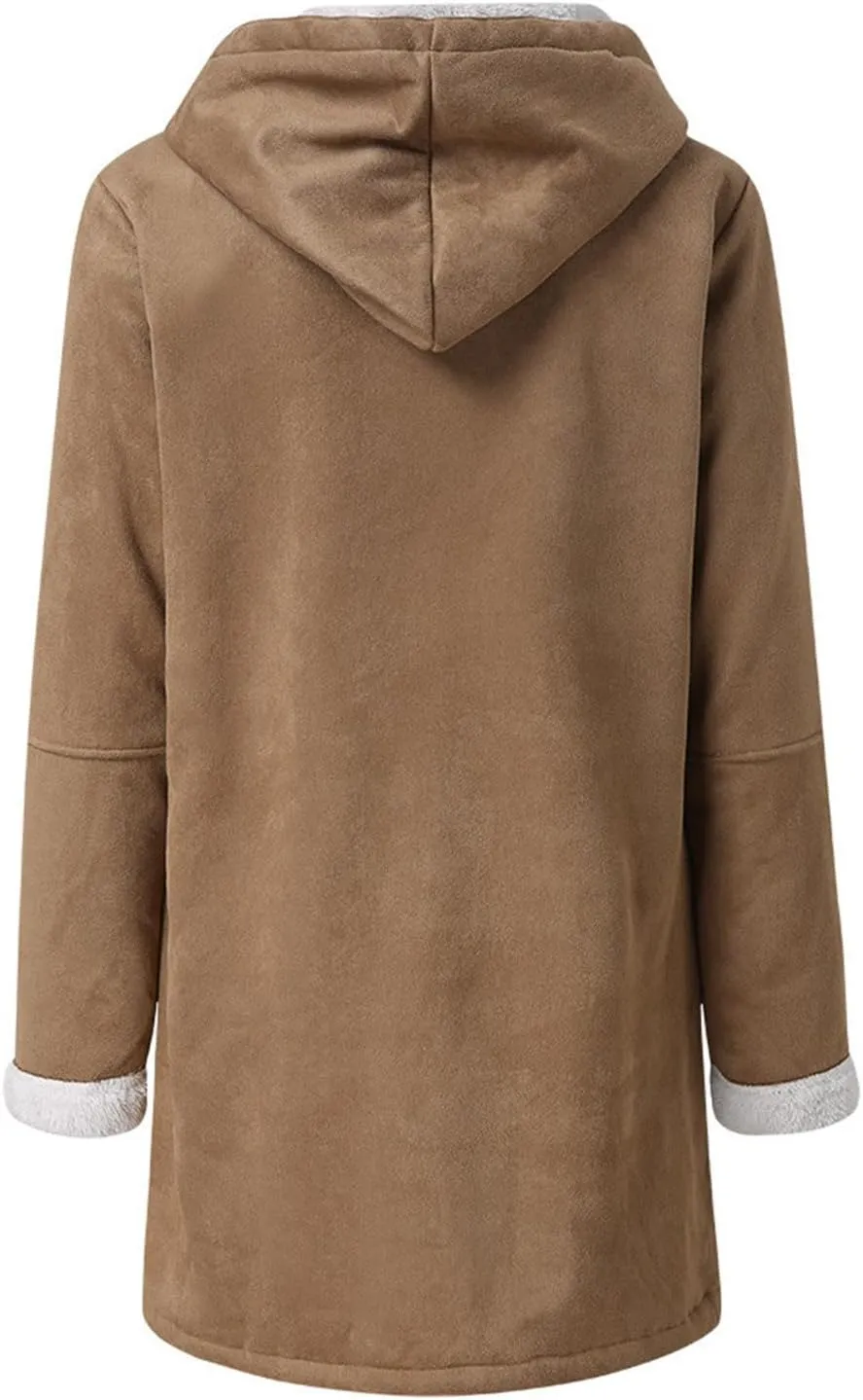 oiangi Winter Coats for Women Plus Size Warm Sherpa Fleece Lined Distressed Jackets Hooded Parka Suede Pea Coat Outerwear