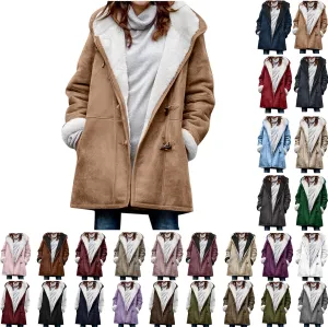 oiangi Winter Coats for Women Plus Size Warm Sherpa Fleece Lined Distressed Jackets Hooded Parka Suede Pea Coat Outerwear