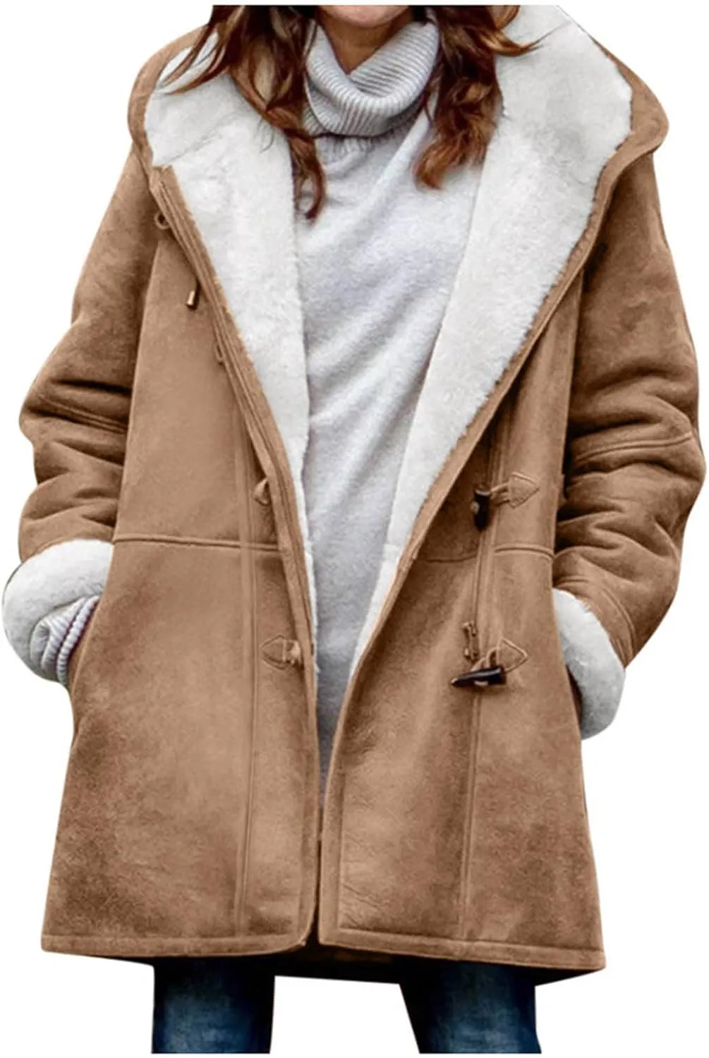 oiangi Winter Coats for Women Plus Size Warm Sherpa Fleece Lined Distressed Jackets Hooded Parka Suede Pea Coat Outerwear