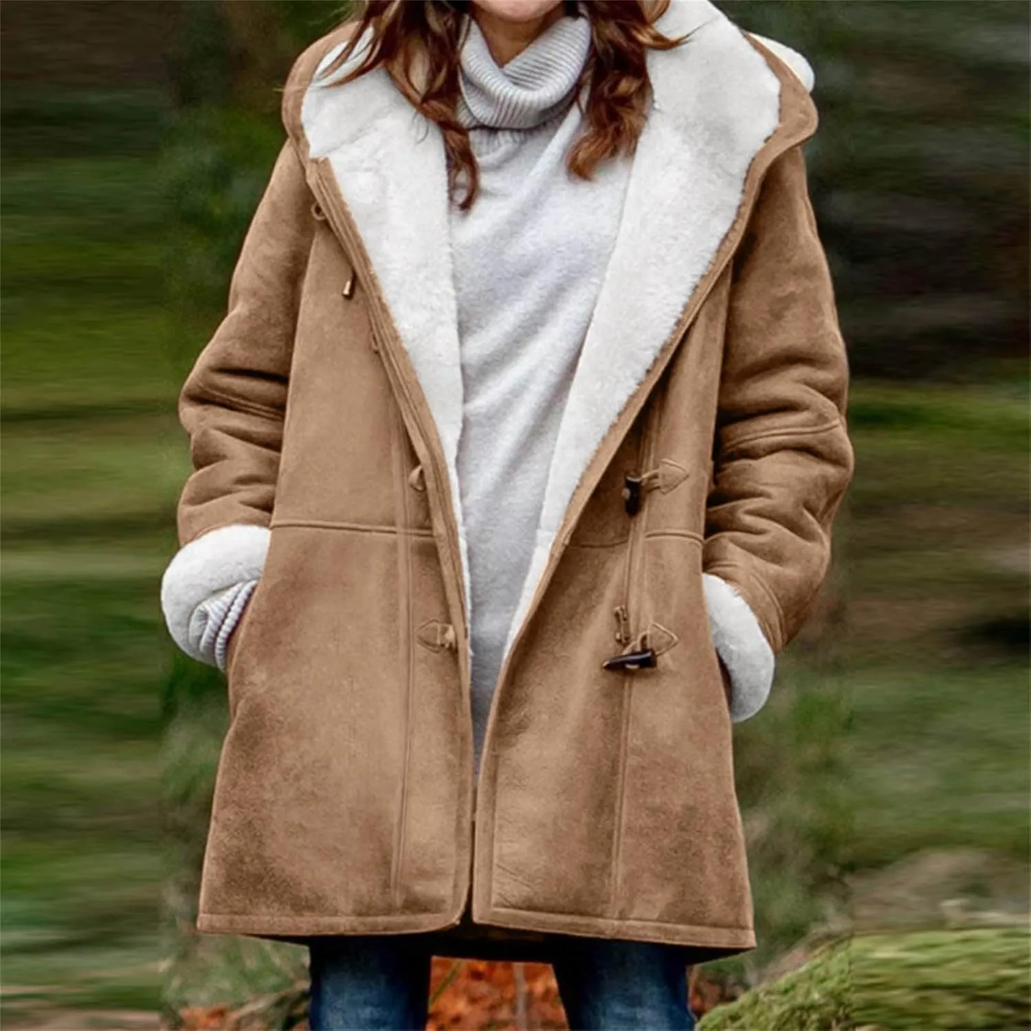 oiangi Winter Coats for Women Plus Size Warm Sherpa Fleece Lined Distressed Jackets Hooded Parka Suede Pea Coat Outerwear
