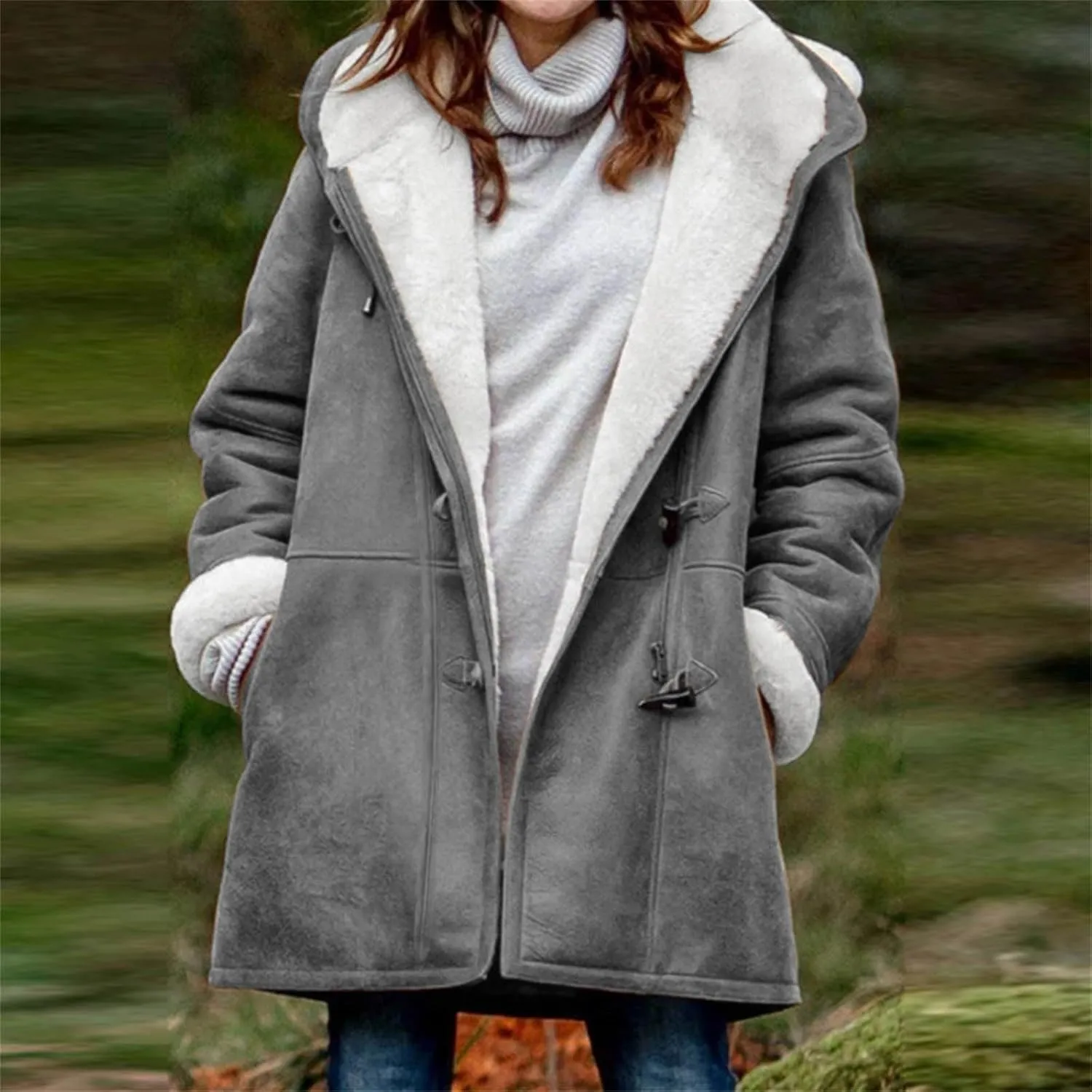 oiangi Winter Coats for Women Plus Size Warm Sherpa Fleece Lined Distressed Jackets Hooded Parka Suede Pea Coat Outerwear