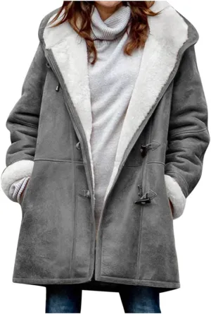 oiangi Winter Coats for Women Plus Size Warm Sherpa Fleece Lined Distressed Jackets Hooded Parka Suede Pea Coat Outerwear