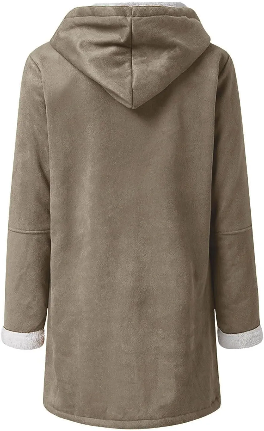 oiangi Winter Coats for Women Plus Size Warm Sherpa Fleece Lined Distressed Jackets Hooded Parka Suede Pea Coat Outerwear
