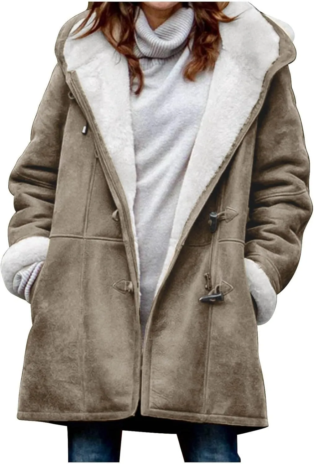 oiangi Winter Coats for Women Plus Size Warm Sherpa Fleece Lined Distressed Jackets Hooded Parka Suede Pea Coat Outerwear