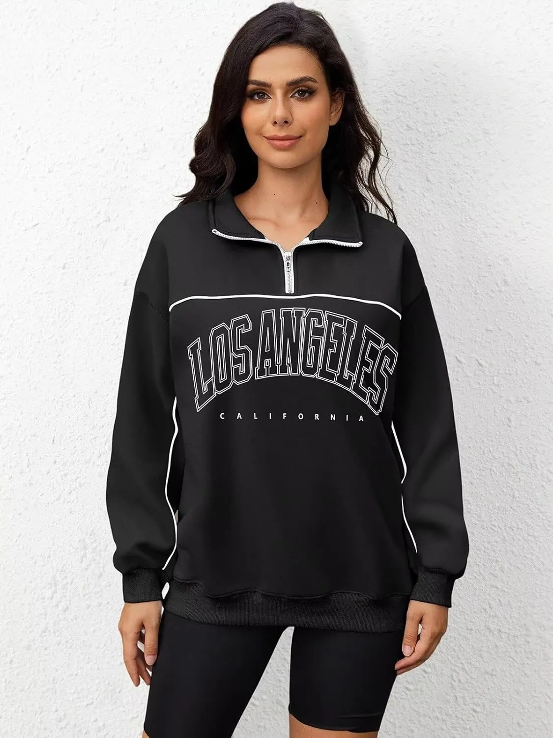 ORANDESIGNE Womens Oversized Graphic Sweatshirts Quarter Zip Pullover Fleece Letter Print Hoodies Trendy Clothes 2025