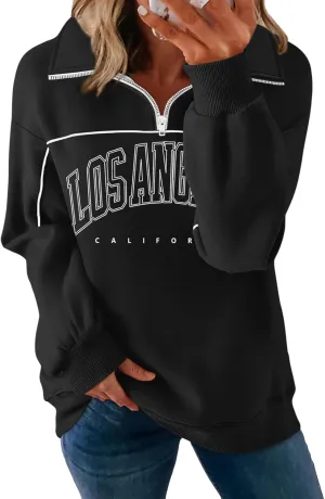 ORANDESIGNE Womens Oversized Graphic Sweatshirts Quarter Zip Pullover Fleece Letter Print Hoodies Trendy Clothes 2025