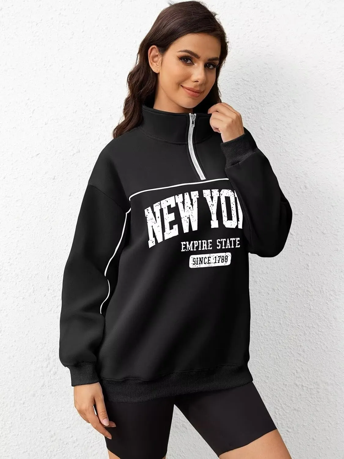 ORANDESIGNE Womens Oversized Graphic Sweatshirts Quarter Zip Pullover Fleece Letter Print Hoodies Trendy Clothes 2025