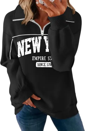 ORANDESIGNE Womens Oversized Graphic Sweatshirts Quarter Zip Pullover Fleece Letter Print Hoodies Trendy Clothes 2025