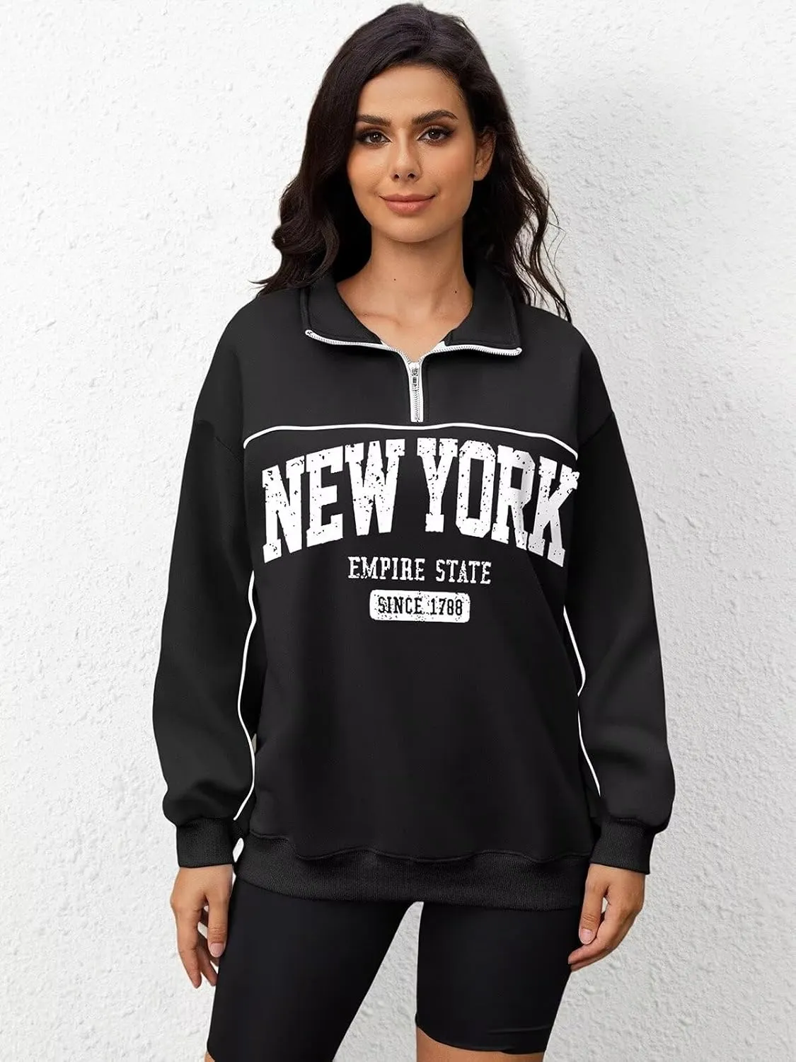 ORANDESIGNE Womens Oversized Graphic Sweatshirts Quarter Zip Pullover Fleece Letter Print Hoodies Trendy Clothes 2025
