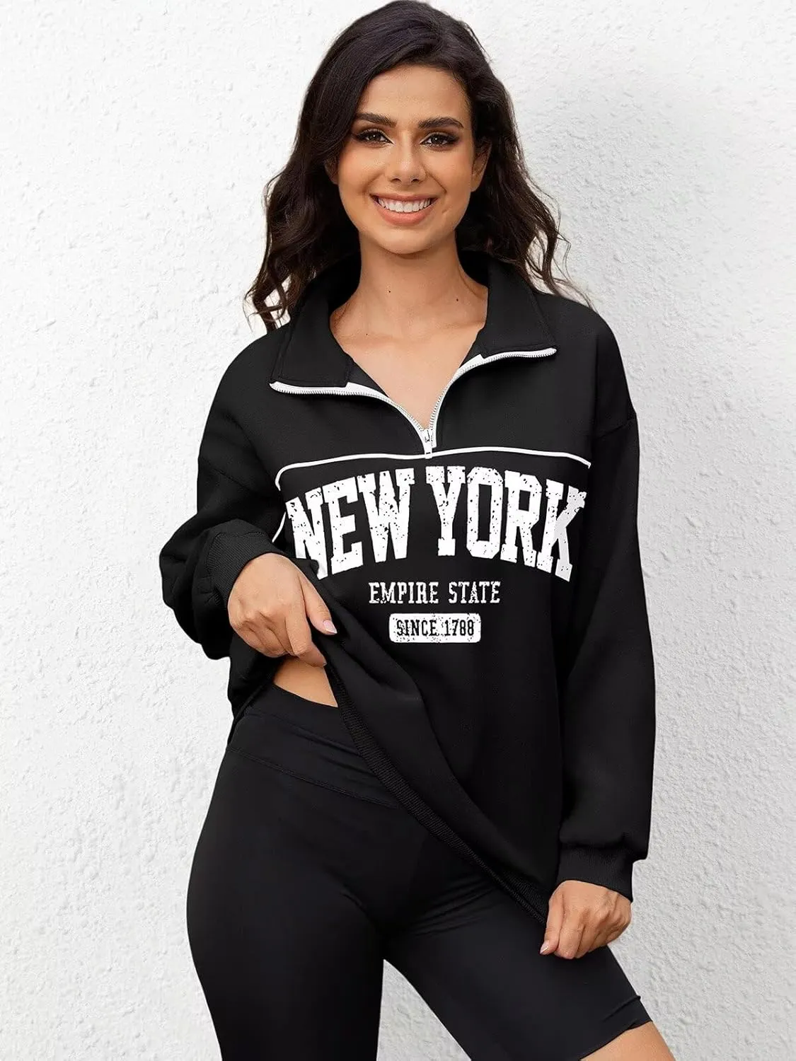 ORANDESIGNE Womens Oversized Graphic Sweatshirts Quarter Zip Pullover Fleece Letter Print Hoodies Trendy Clothes 2025