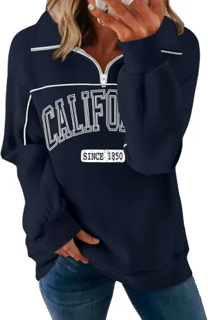 ORANDESIGNE Womens Oversized Graphic Sweatshirts Quarter Zip Pullover Fleece Letter Print Hoodies Trendy Clothes 2025