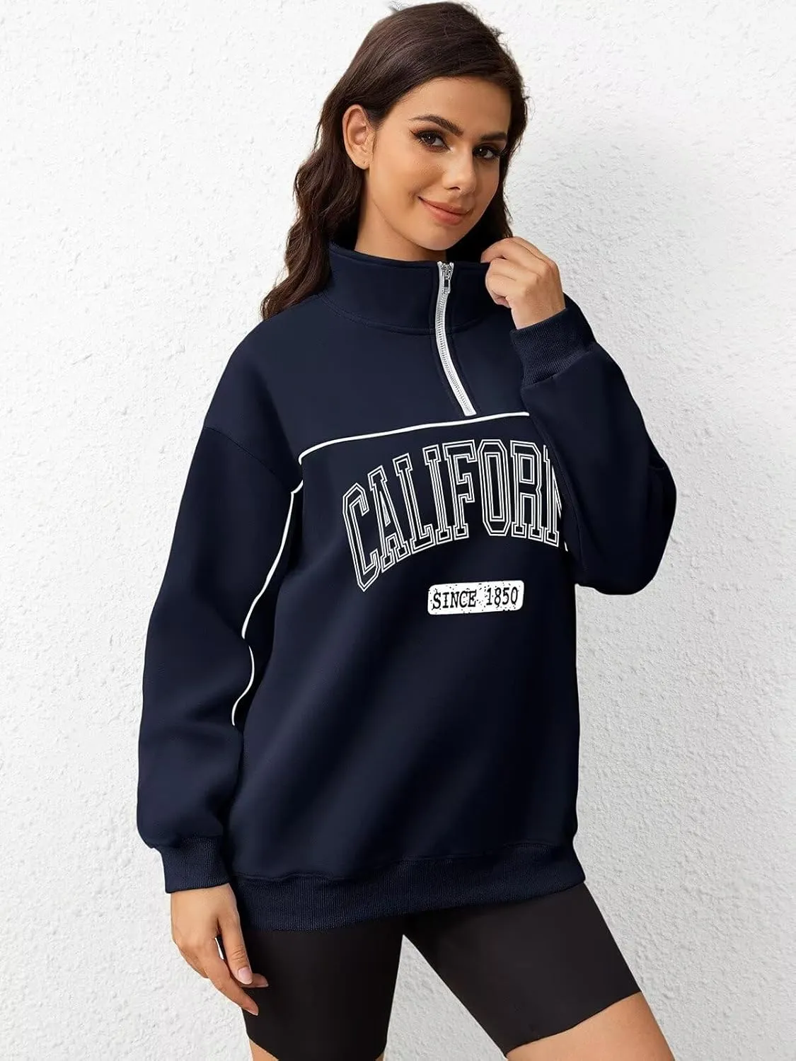 ORANDESIGNE Womens Oversized Graphic Sweatshirts Quarter Zip Pullover Fleece Letter Print Hoodies Trendy Clothes 2025