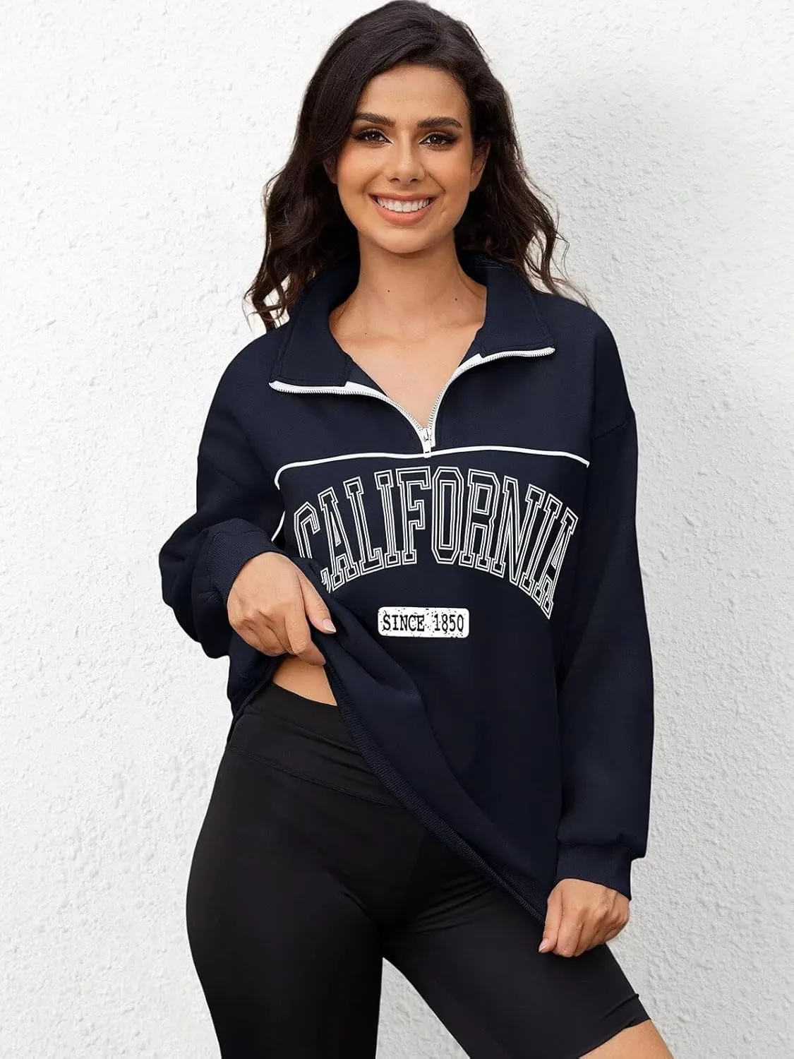 ORANDESIGNE Womens Oversized Graphic Sweatshirts Quarter Zip Pullover Fleece Letter Print Hoodies Trendy Clothes 2025