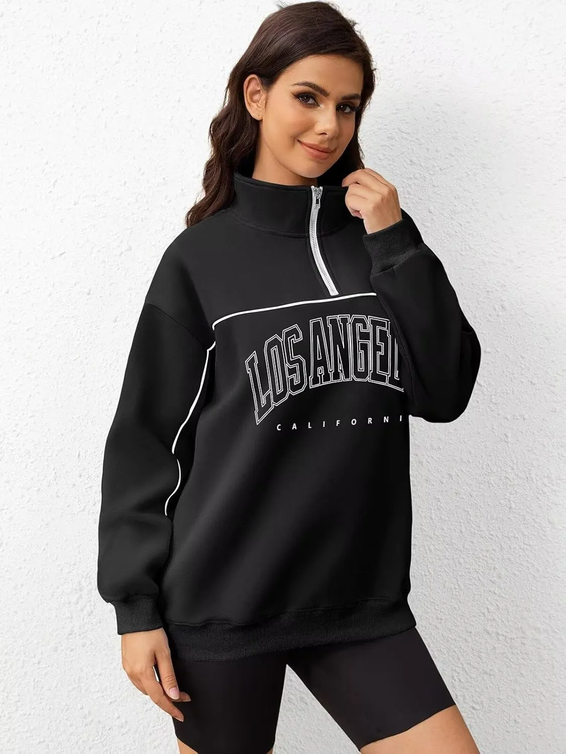 ORANDESIGNE Womens Oversized Graphic Sweatshirts Quarter Zip Pullover Fleece Letter Print Hoodies Trendy Clothes 2025
