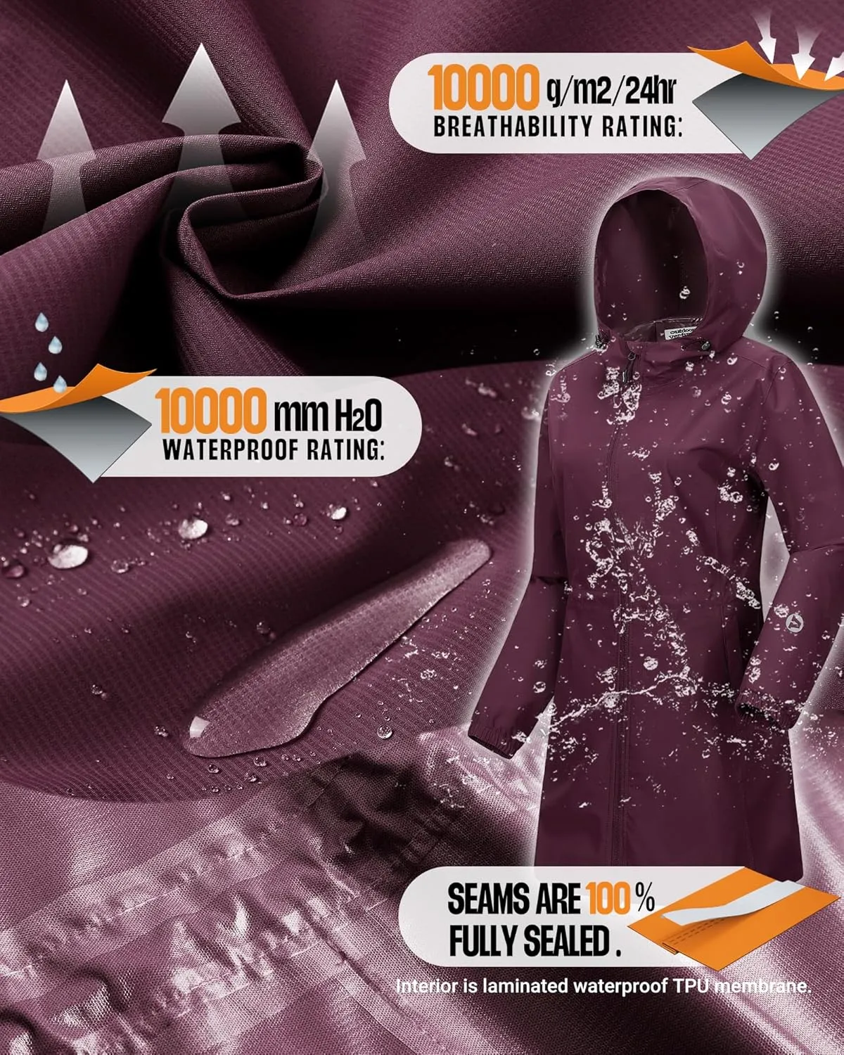 Outdoor Ventures Women's Waterproof Long Rain Coats Packable Lightweight Rain Jacket With Hood Windproof Trench Coats