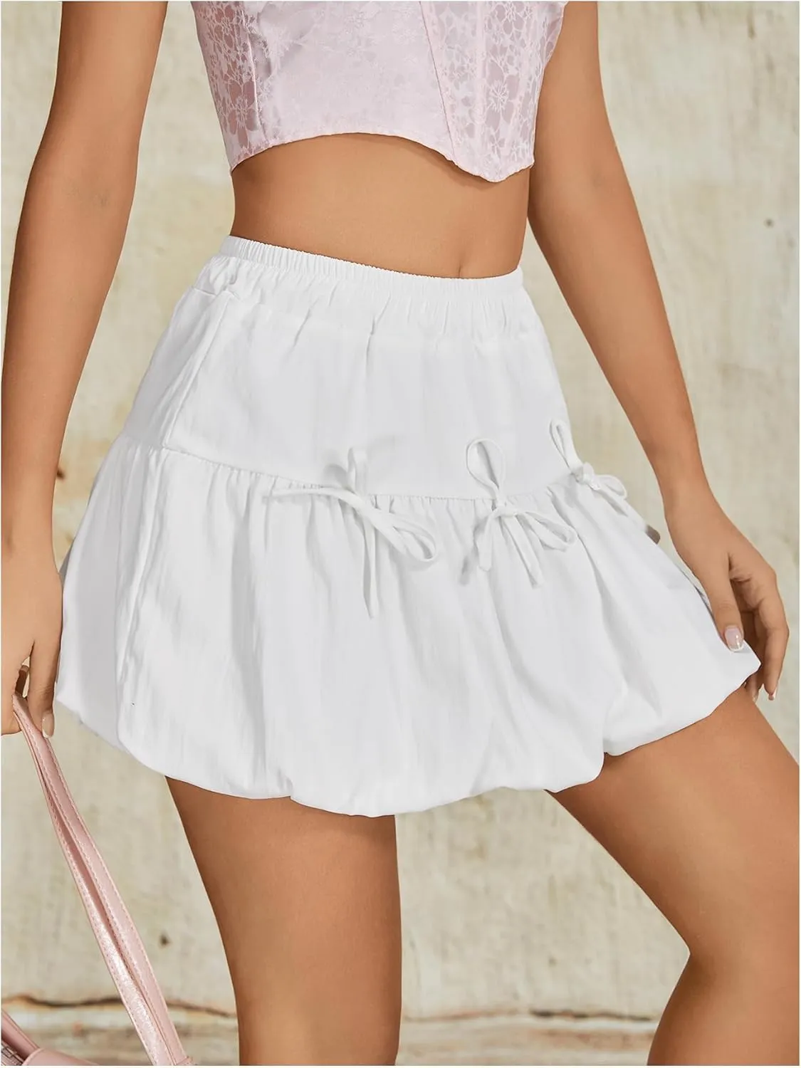 OYOANGLE Women's Elastic Waist Bow Bubble Skirt Y2K Ruffle Hem Skorts Puffer Balloon Skirts