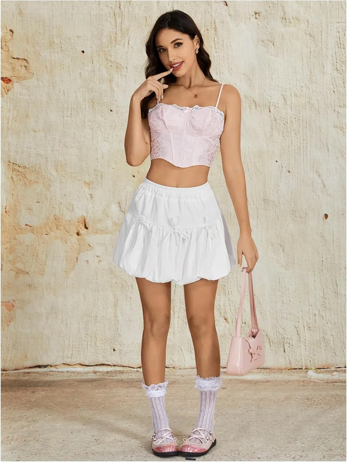 OYOANGLE Women's Elastic Waist Bow Bubble Skirt Y2K Ruffle Hem Skorts Puffer Balloon Skirts