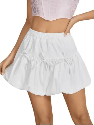 OYOANGLE Women's Elastic Waist Bow Bubble Skirt Y2K Ruffle Hem Skorts Puffer Balloon Skirts