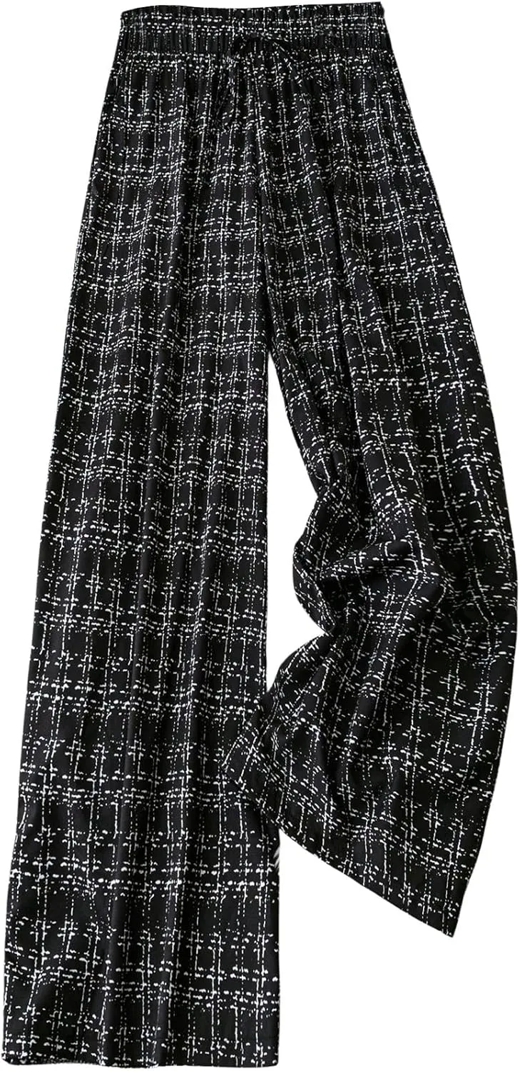 OYOANGLE Women's Plus Size Gingham Long Pants Drawstring Elastic High Waist Wide Leg Loose Casual Trousers