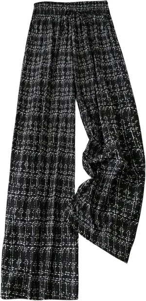 OYOANGLE Women's Plus Size Gingham Long Pants Drawstring Elastic High Waist Wide Leg Loose Casual Trousers